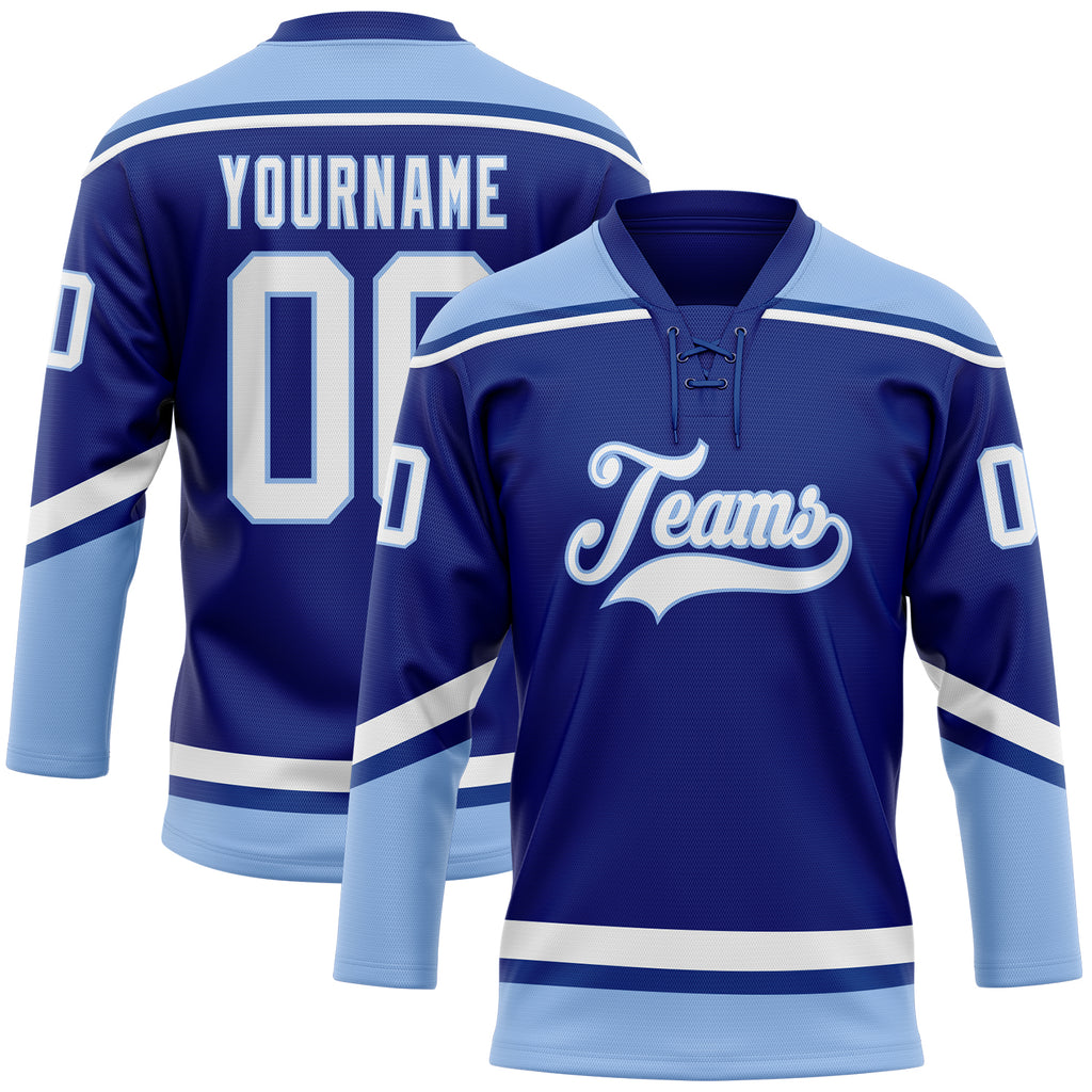 Custom Royal White-Light Blue Hockey Lace Neck Jersey