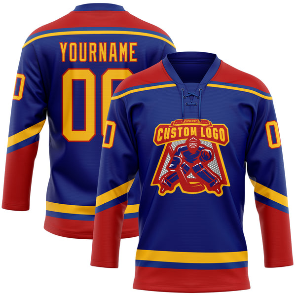 Custom Royal Gold-Red Hockey Lace Neck Jersey