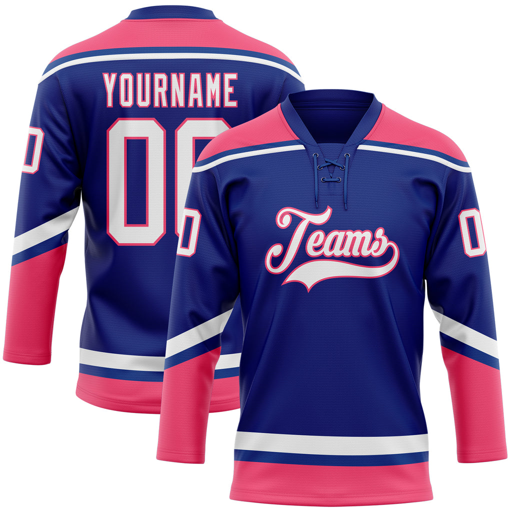 Custom Royal White-Neon Pink Hockey Lace Neck Jersey