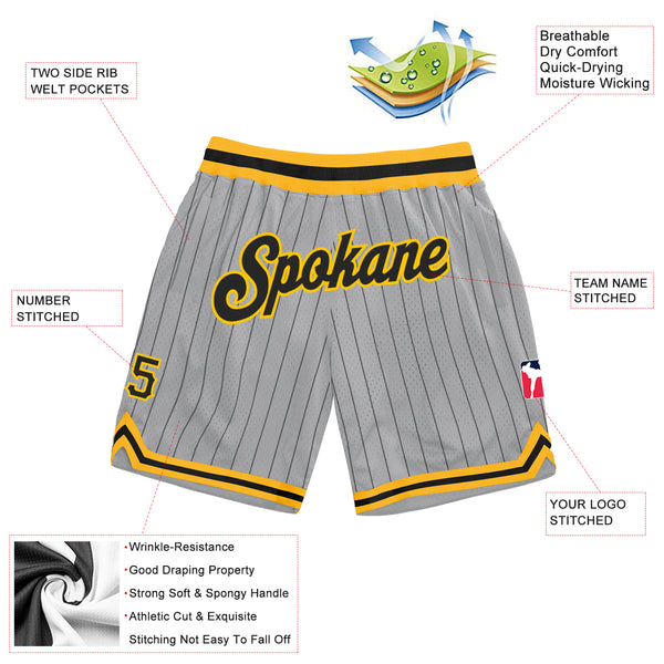 Custom Gray Black Pinstripe Black-Gold Authentic Basketball Shorts