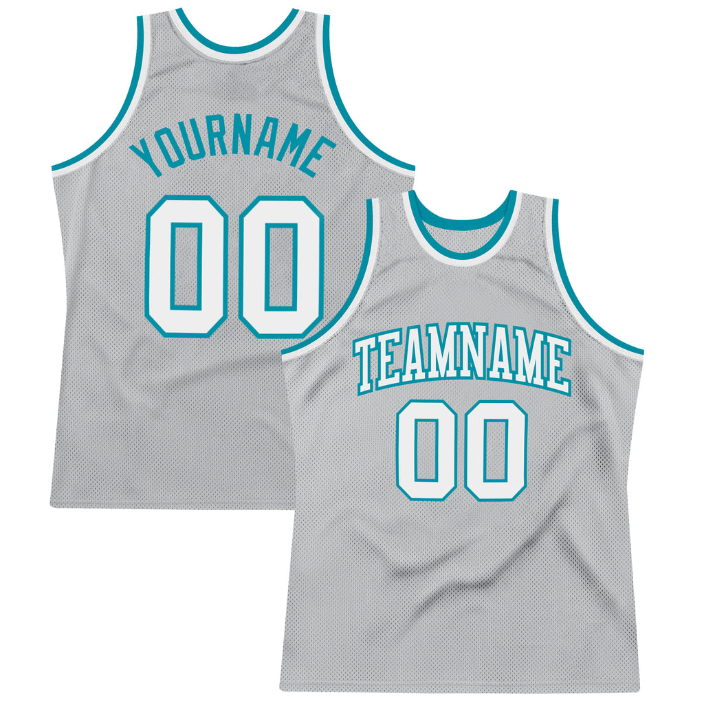 Custom Gray White-Teal Authentic Throwback Basketball Jersey