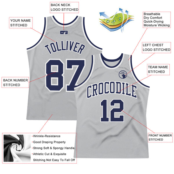 Custom Gray Navy-White Authentic Throwback Basketball Jersey