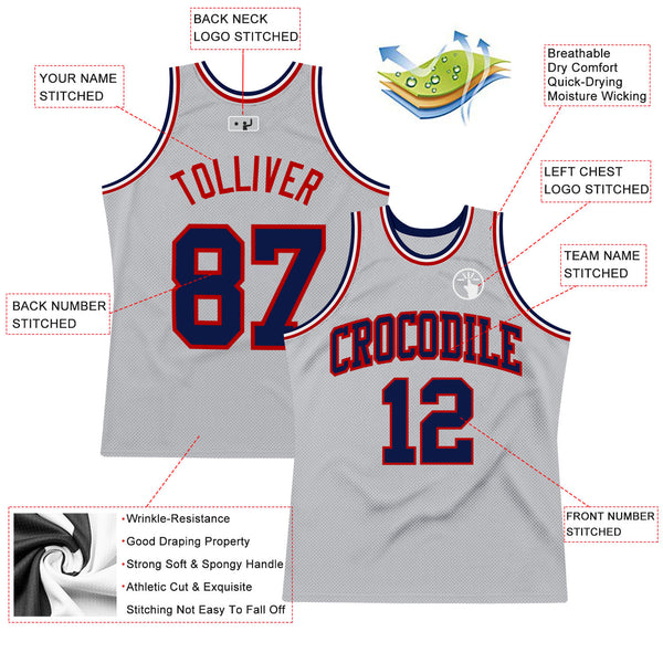 Custom Gray Navy-Red Authentic Throwback Basketball Jersey