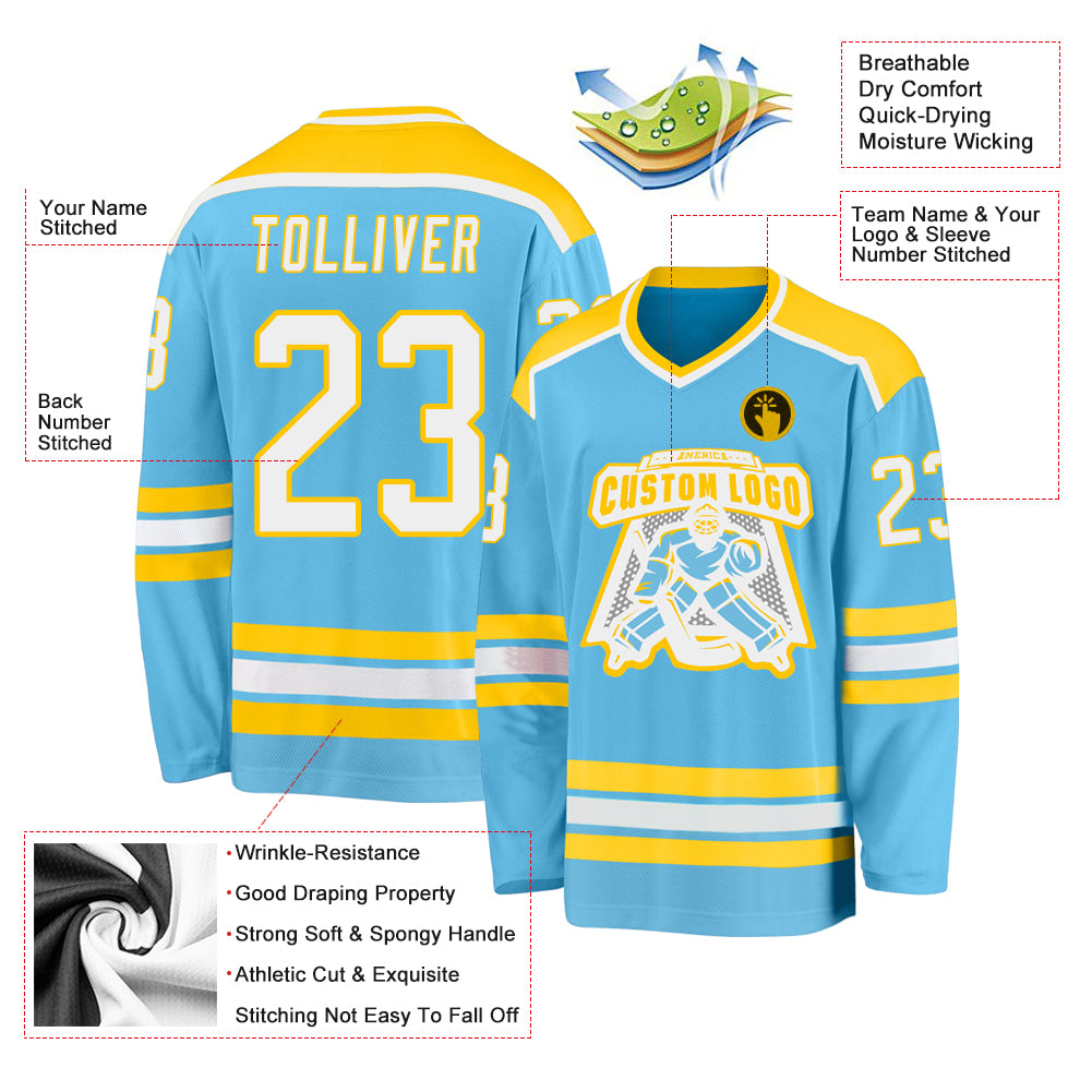 Custom Sky Blue White-Gold Hockey Jersey