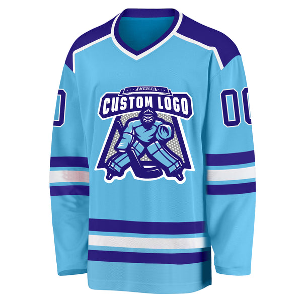 Custom Sky Blue Purple-White Hockey Jersey