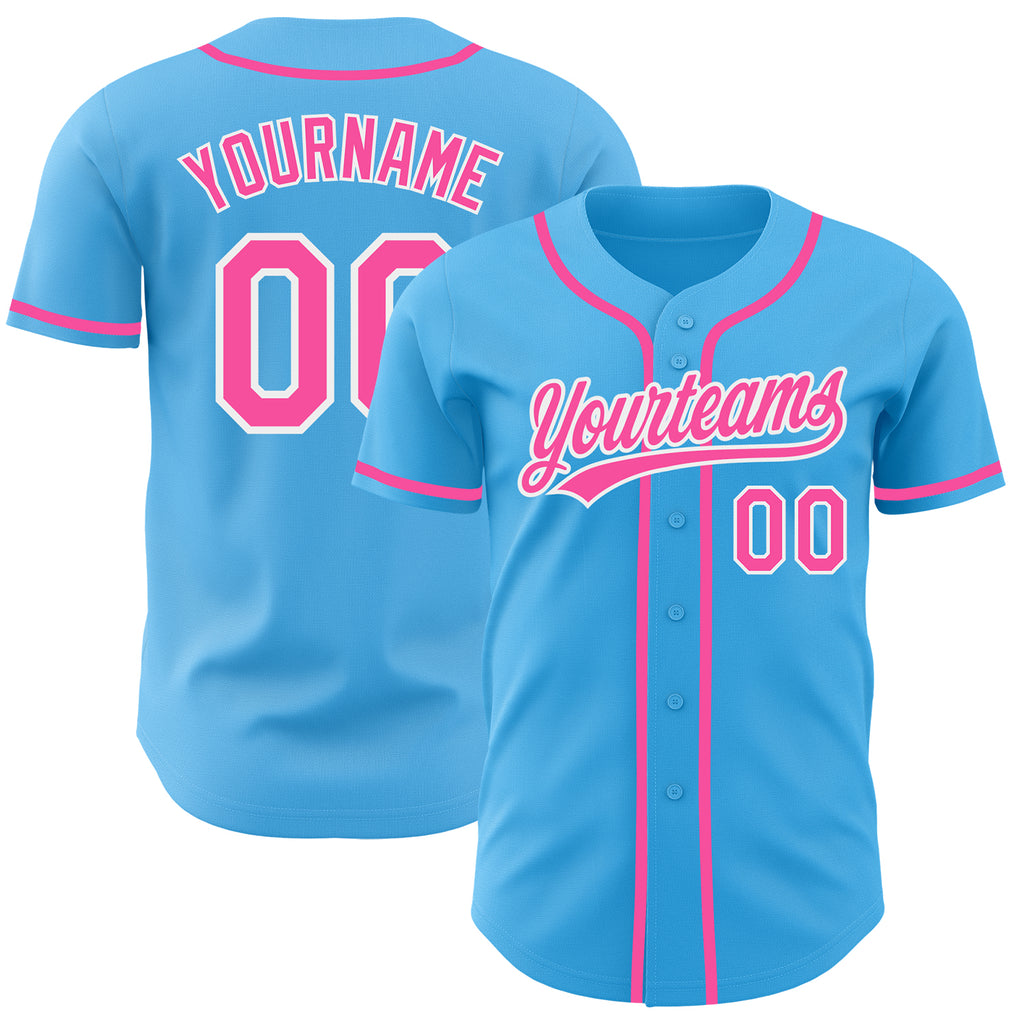 Custom Sky Blue Pink-White Authentic Baseball Jersey