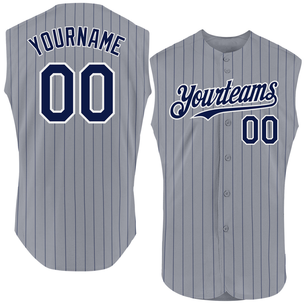 Custom Gray Navy Pinstripe White Authentic Sleeveless Baseball Jersey