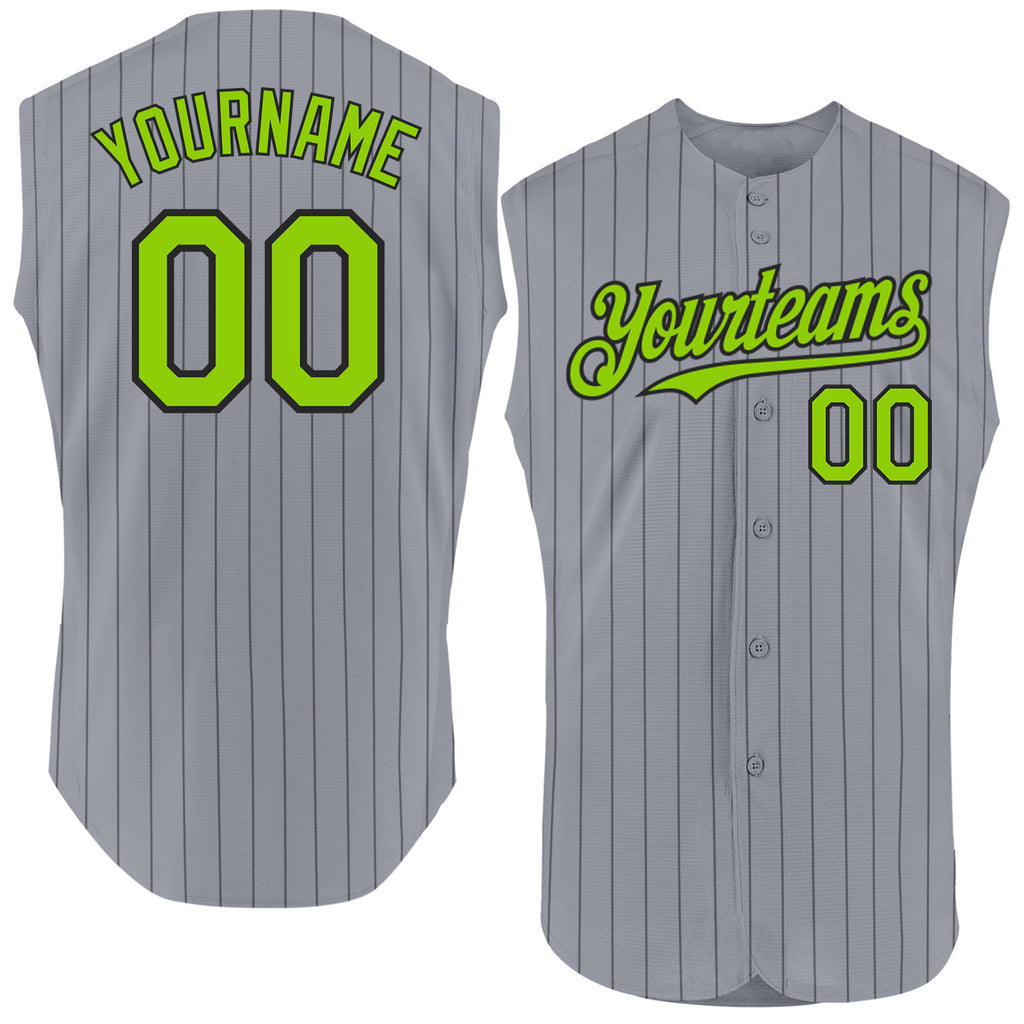 Custom Gray Black Pinstripe Neon Green Authentic Sleeveless Baseball Jersey