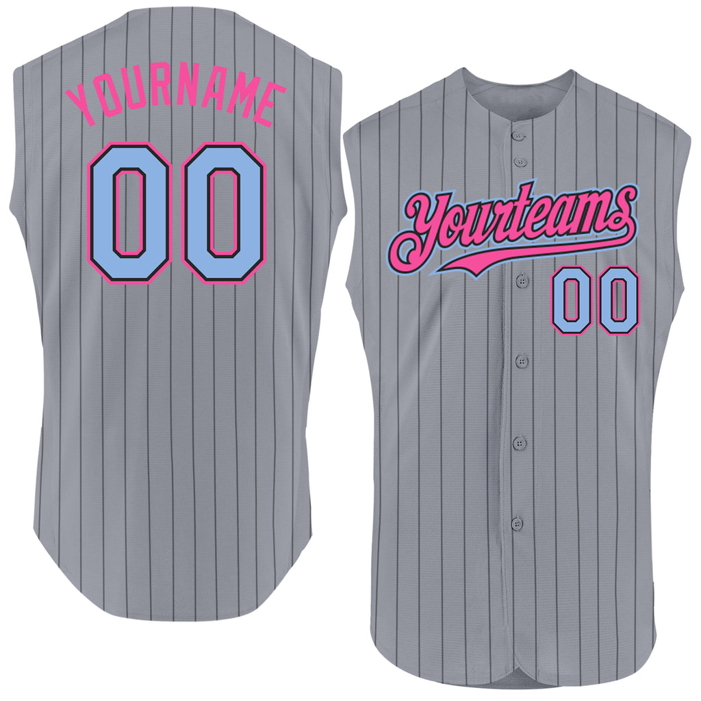 Custom Gray Black Pinstripe Light Blue-Pink Authentic Sleeveless Baseball Jersey