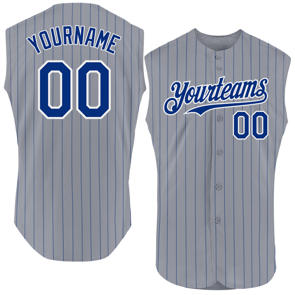 Custom Gray Royal Pinstripe White Authentic Sleeveless Baseball Jersey