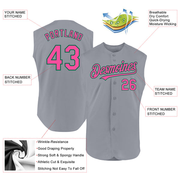 Custom Gray Pink-Kelly Green Authentic Sleeveless Baseball Jersey