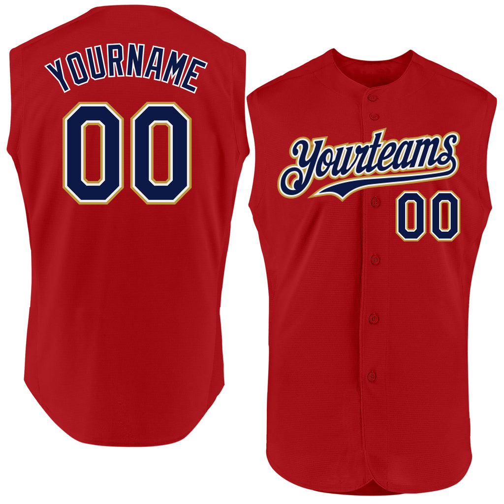 Custom Red Navy-Old Gold Authentic Sleeveless Baseball Jersey