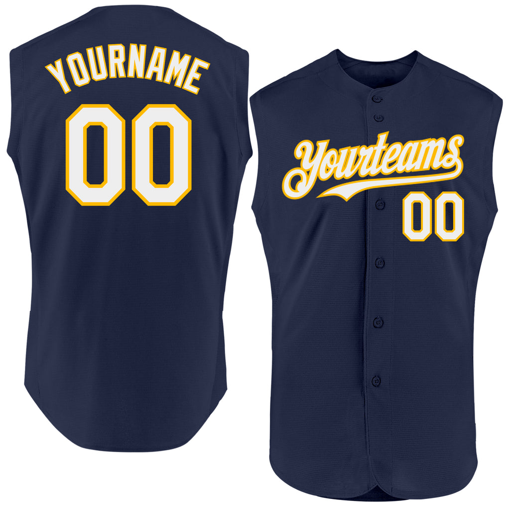 Custom Navy White-Gold Authentic Sleeveless Baseball Jersey