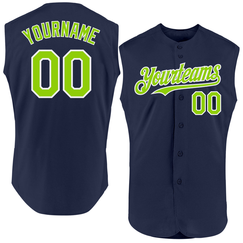 Custom Navy Neon Green-White Authentic Sleeveless Baseball Jersey