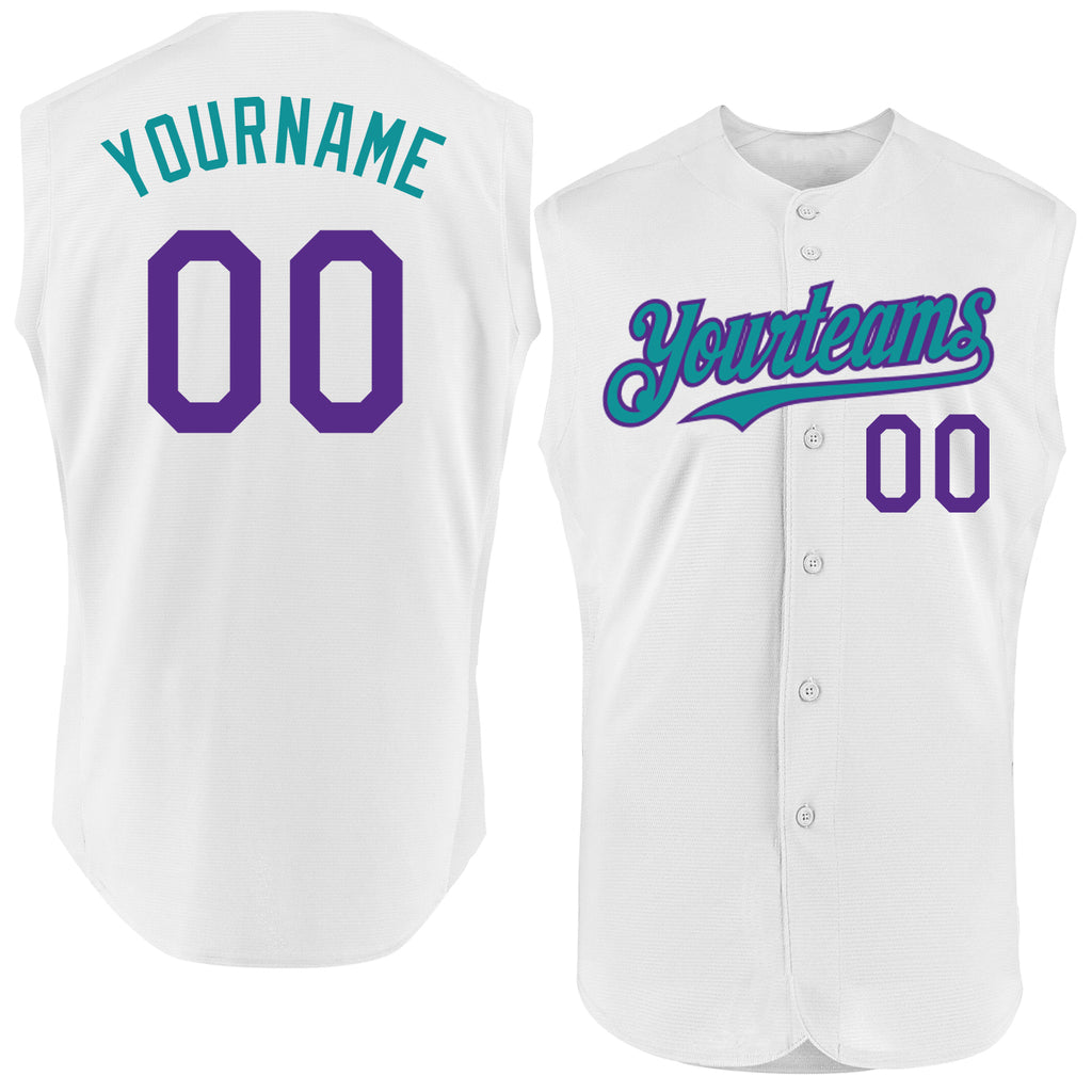 Custom White Purple-Teal Authentic Sleeveless Baseball Jersey