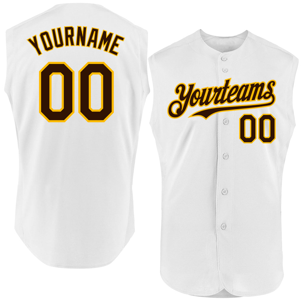 Custom White Brown-Gold Authentic Sleeveless Baseball Jersey