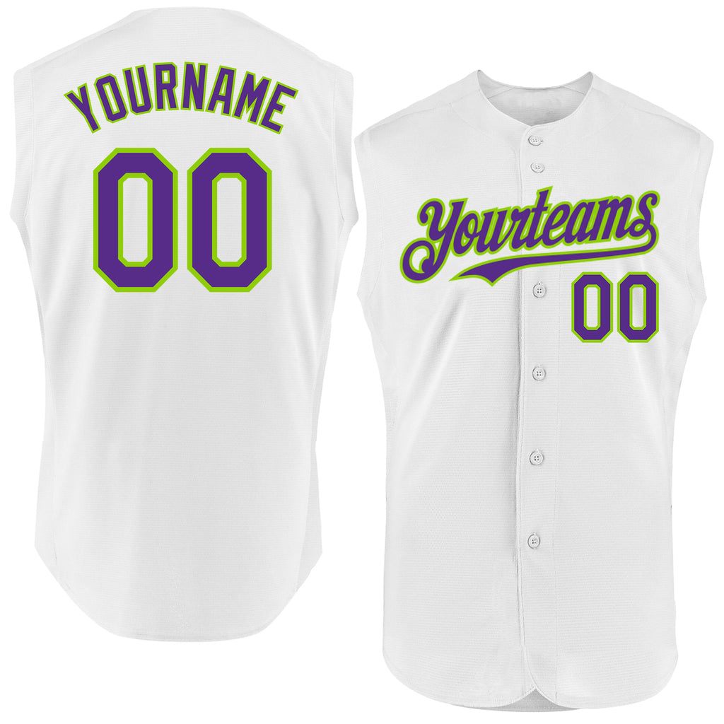 Custom White Purple-Neon Green Authentic Sleeveless Baseball Jersey