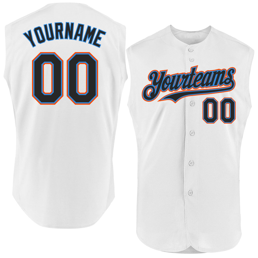 Custom White Black Electric Blue-Orange Authentic Sleeveless Baseball Jersey