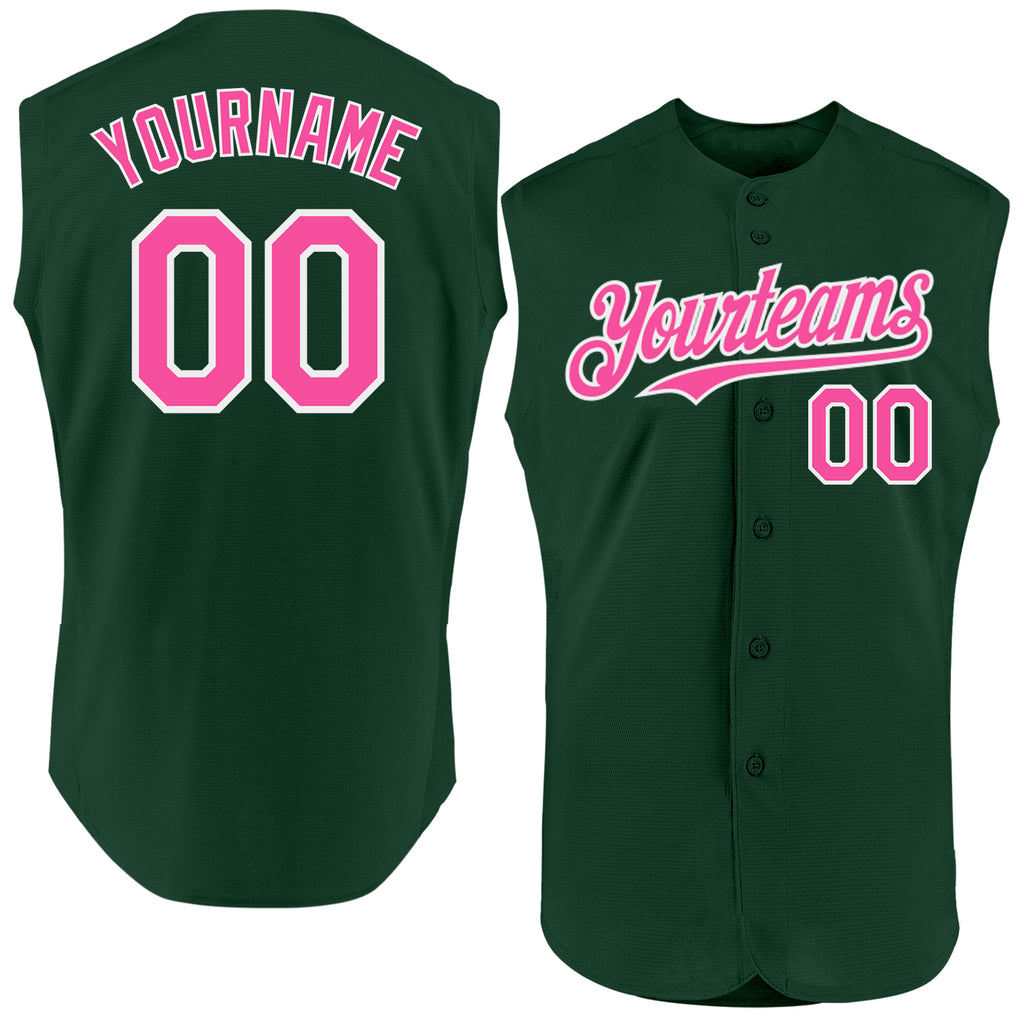 Custom Green Pink-White Authentic Sleeveless Baseball Jersey
