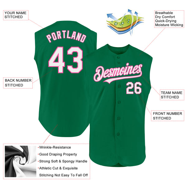 Custom Kelly Green White-Pink Authentic Sleeveless Baseball Jersey
