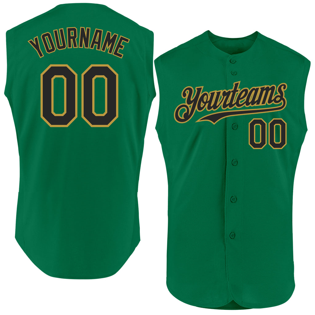 Custom Kelly Green Black-Old Gold Authentic Sleeveless Baseball Jersey