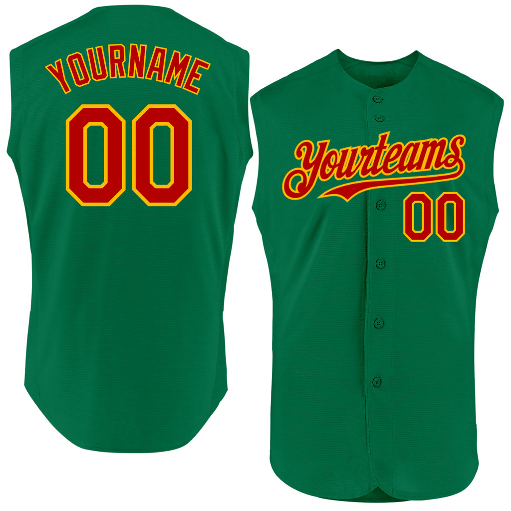 Custom Kelly Green Red-Gold Authentic Sleeveless Baseball Jersey