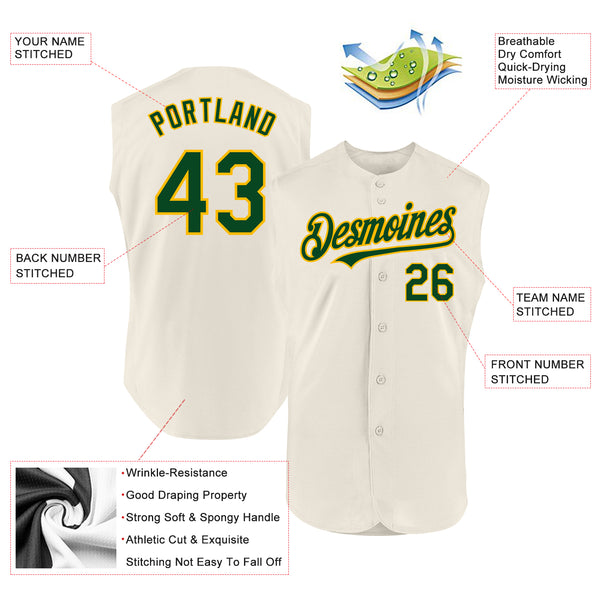 Custom Cream Green-Gold Authentic Sleeveless Baseball Jersey