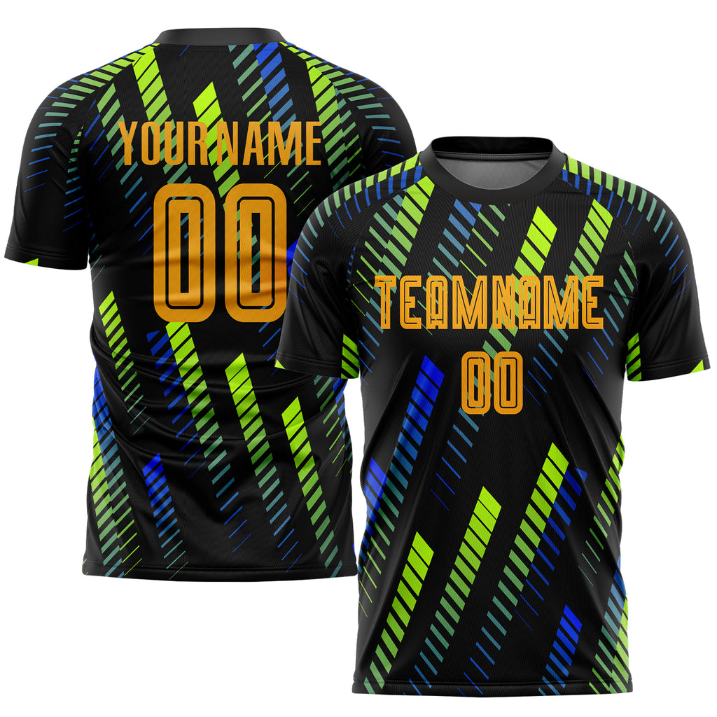 Custom Black Gold-Neon Green Sublimation Soccer Uniform Jersey