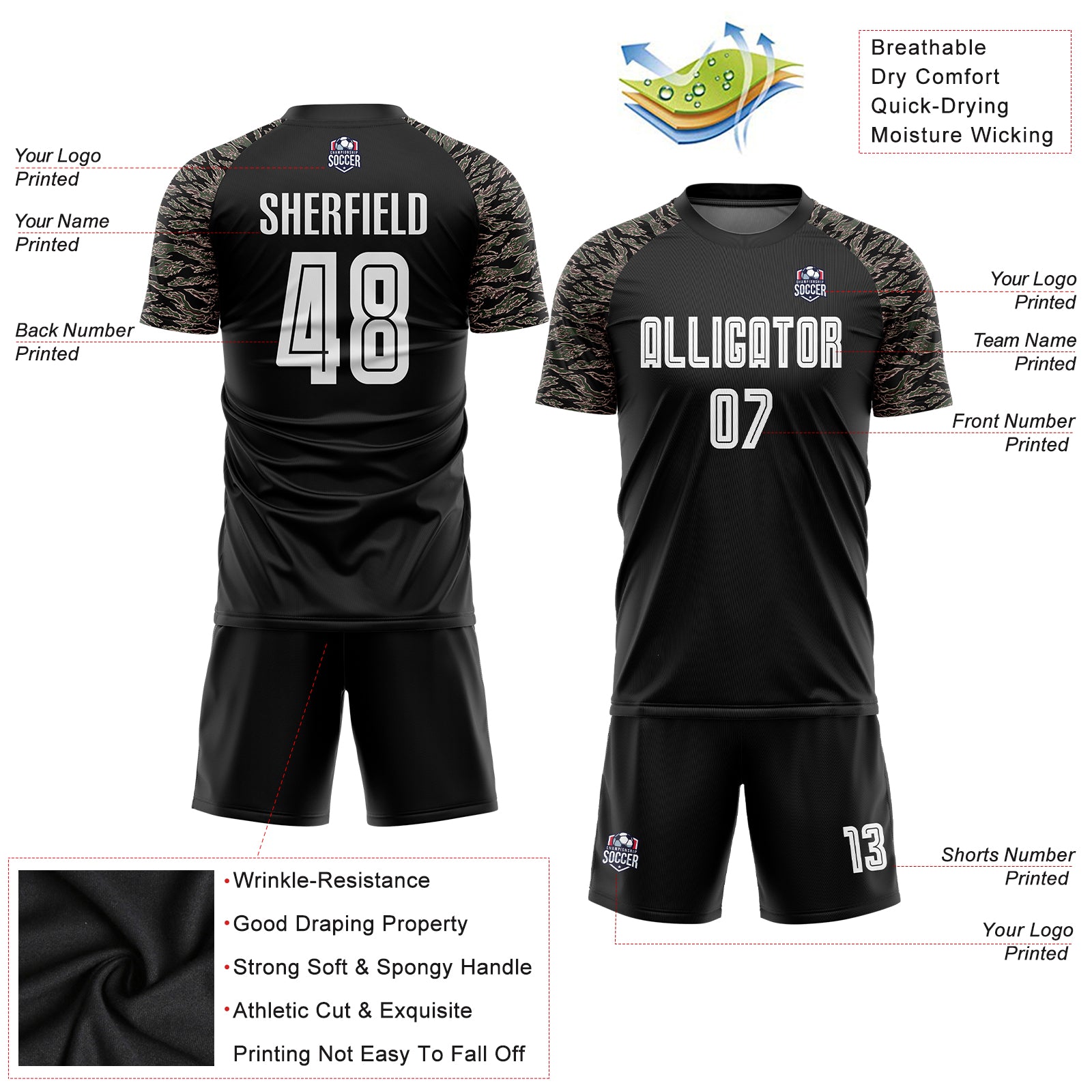 Custom Black White-Camo Sublimation Soccer Uniform Jersey