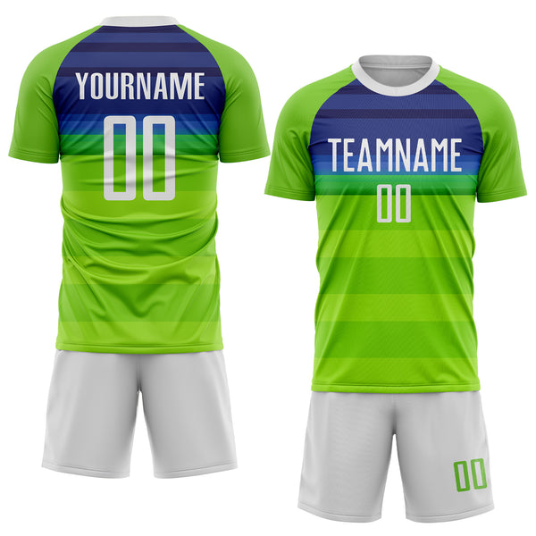 Custom Neon Green White-Royal Sublimation Soccer Uniform Jersey