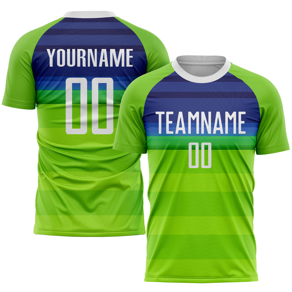 Custom Neon Green White-Royal Sublimation Soccer Uniform Jersey