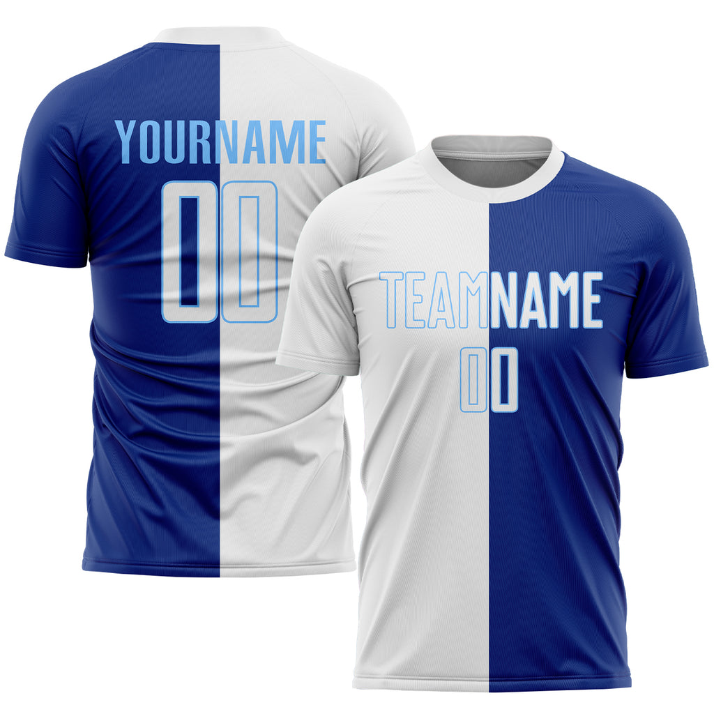 Custom Royal White-Light Blue Sublimation Split Fashion Soccer Uniform Jersey