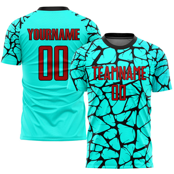 Custom Aqua Red-Black Sublimation Soccer Uniform Jersey