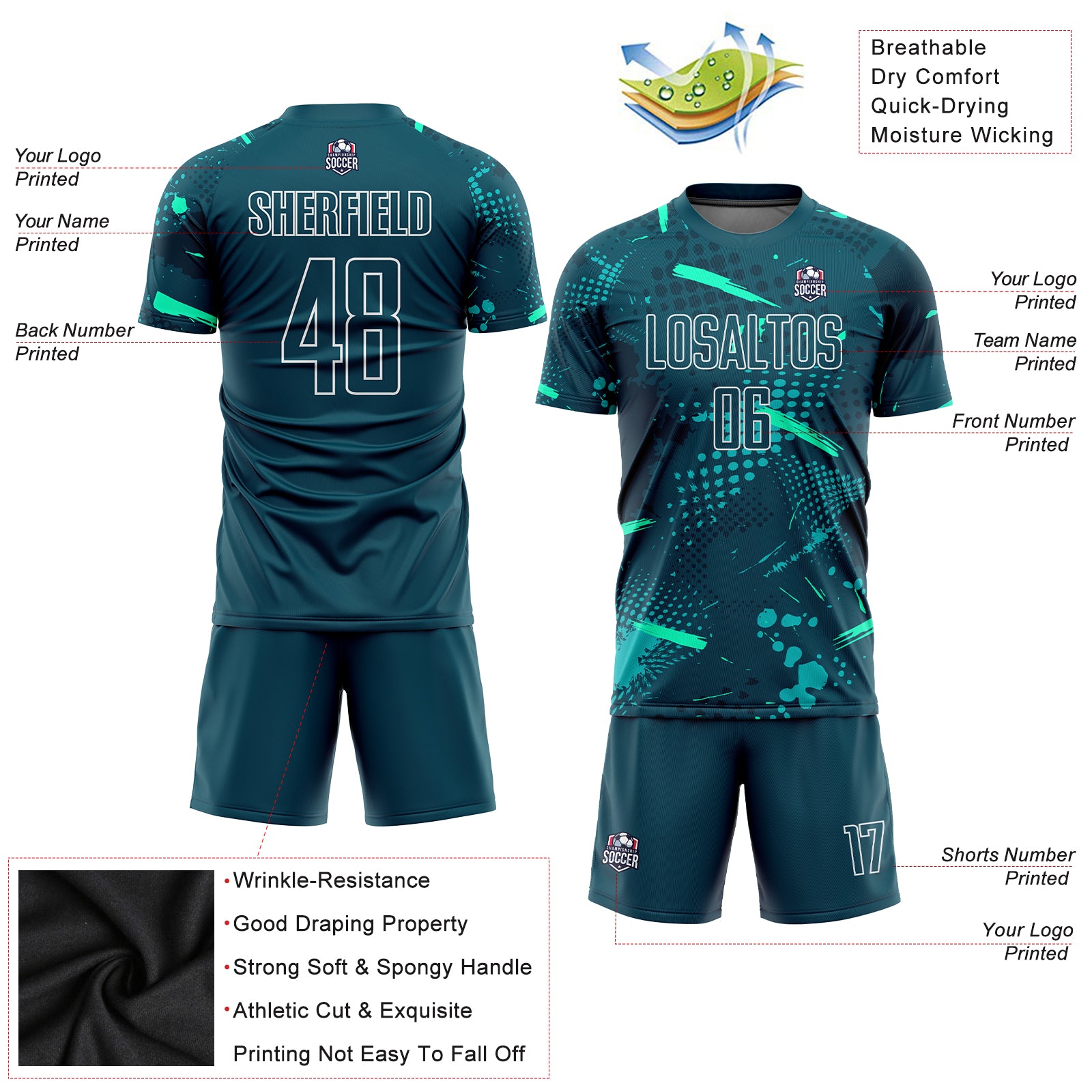 Custom Green Green-Aqua Sublimation Soccer Uniform Jersey