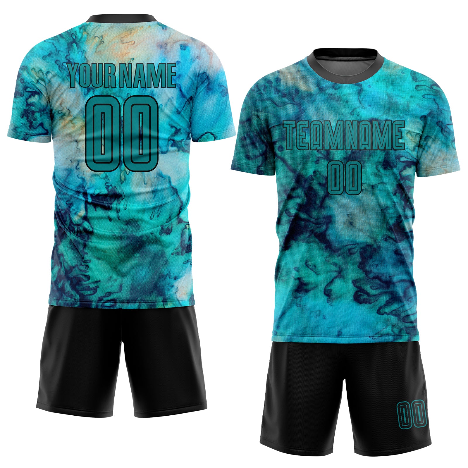 Custom Tie Dye Teal-Black Sublimation Soccer Uniform Jersey