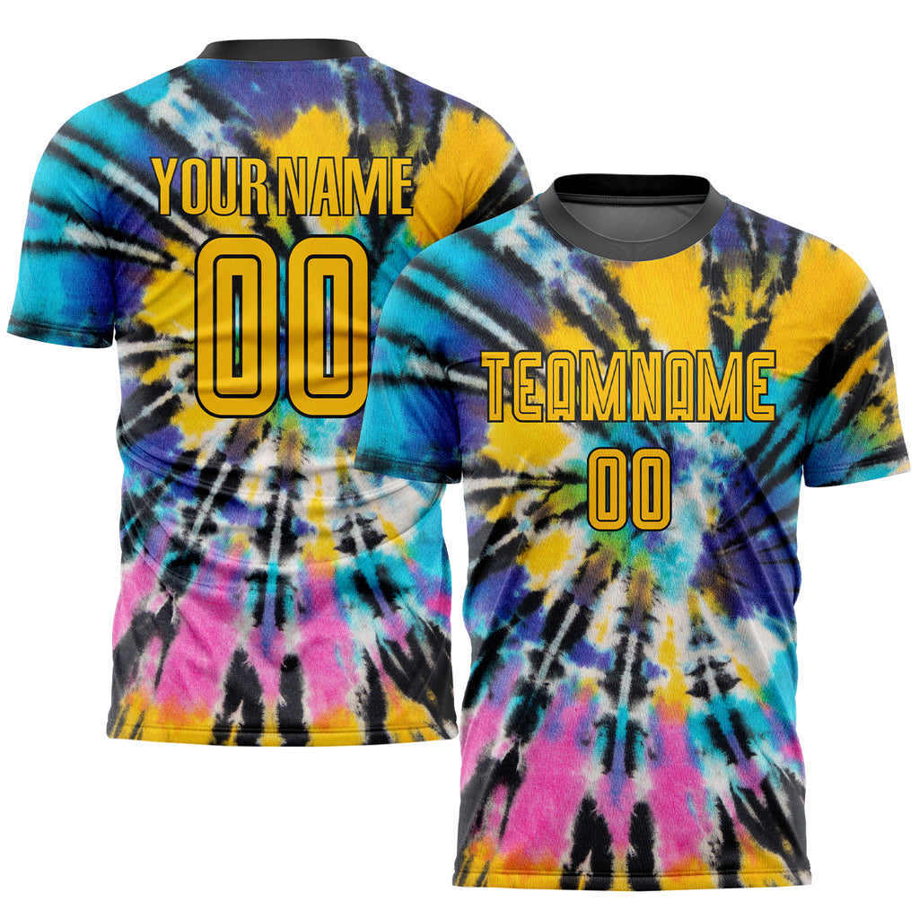 Custom Tie Dye Gold-Black Sublimation Soccer Uniform Jersey