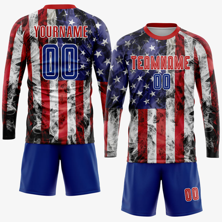 Custom White Royal-Red American Flag Fashion Sublimation Soccer Uniform Jersey