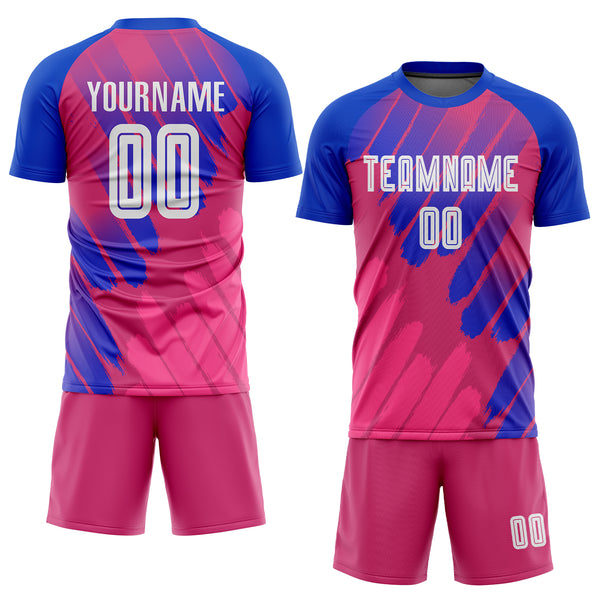 Custom Pink White-Royal Third Sublimation Soccer Uniform Jersey