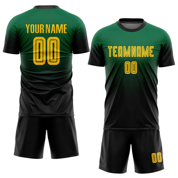 Custom Kelly Green Gold-Black Sublimation Fade Fashion Soccer Uniform Jersey