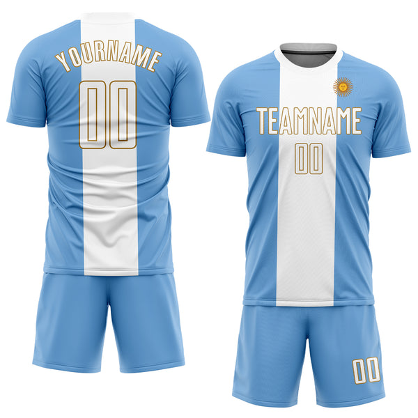 Custom Light Blue White-Old Gold Sublimation Argentinian Flag Soccer Uniform Jersey