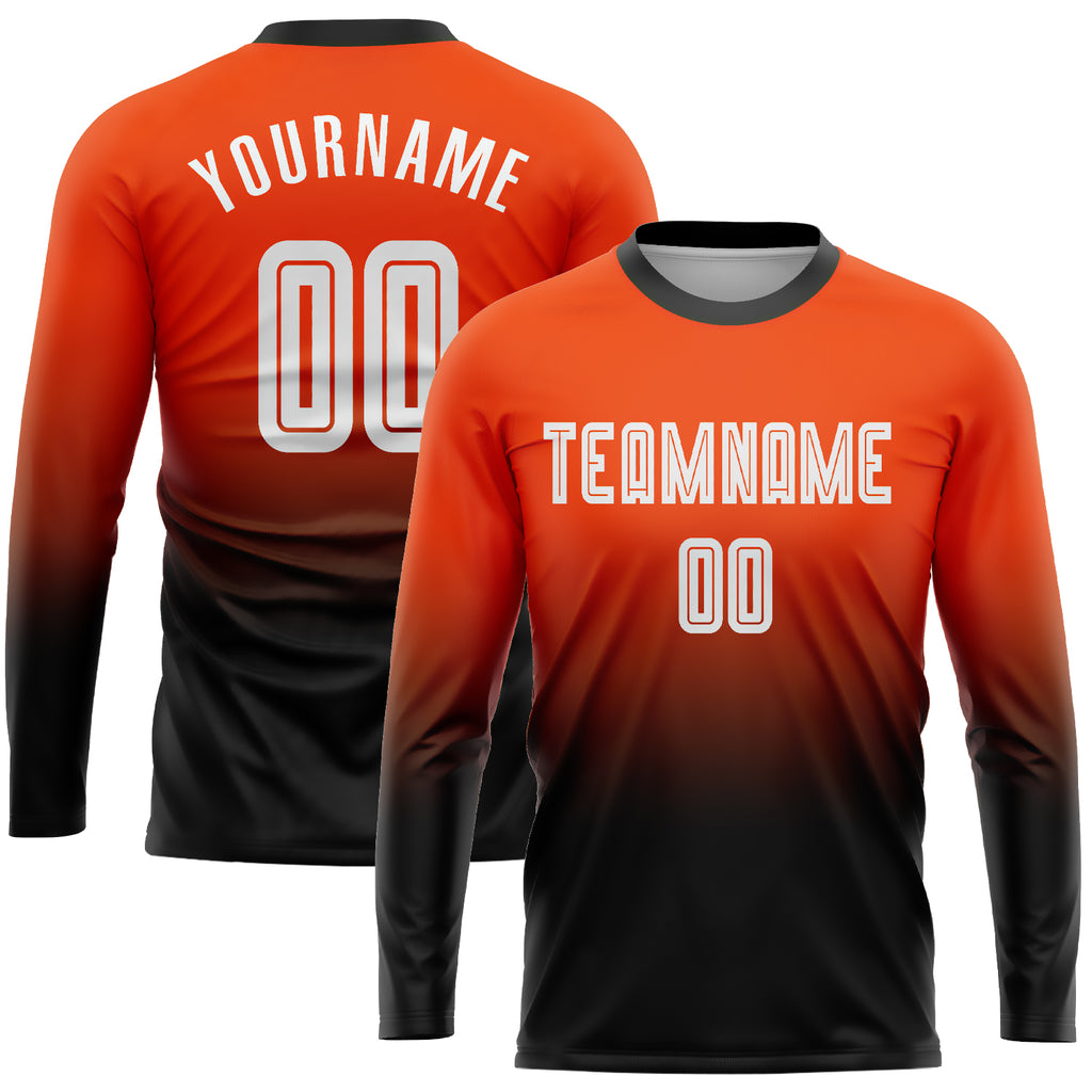 Custom Orange White-Black Sublimation Long Sleeve Fade Fashion Soccer Uniform Jersey