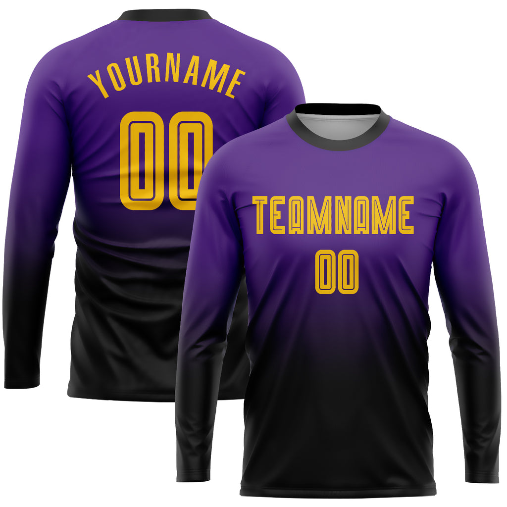 Custom Purple Gold-Black Sublimation Long Sleeve Fade Fashion Soccer Uniform Jersey