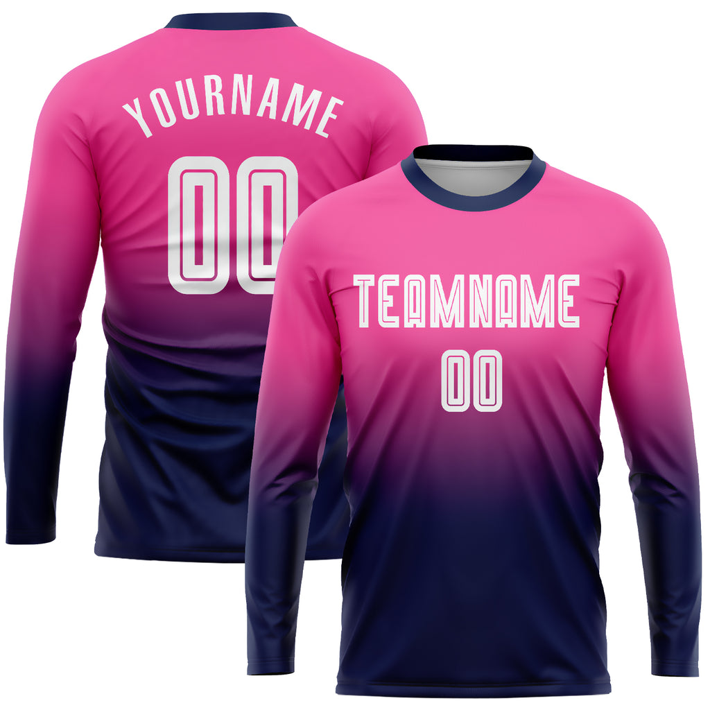 Custom Pink White-Navy Sublimation Long Sleeve Fade Fashion Soccer Uniform Jersey