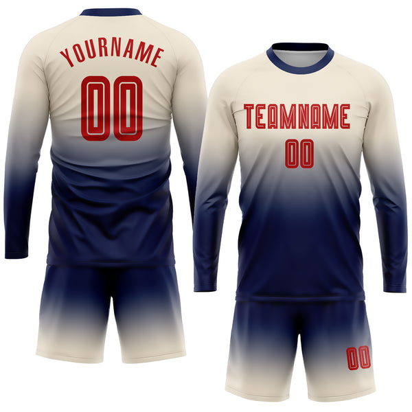 Custom Cream Red-Navy Sublimation Long Sleeve Fade Fashion Soccer Uniform Jersey