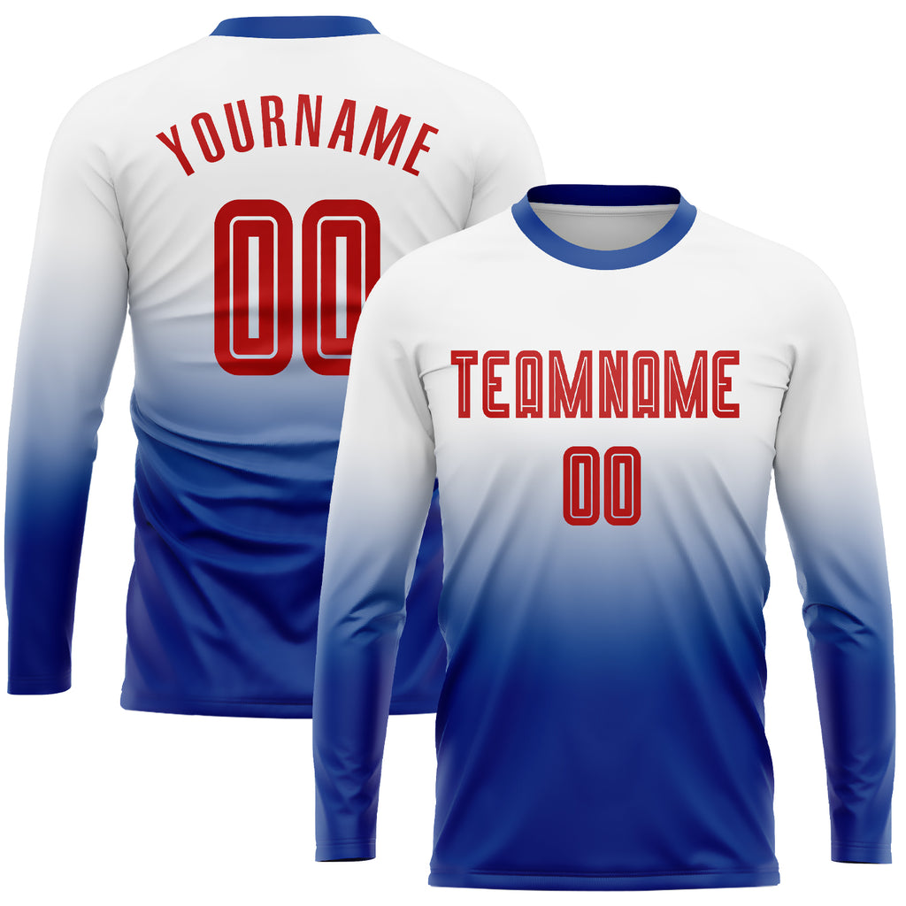 Custom White Red-Royal Sublimation Long Sleeve Fade Fashion Soccer Uniform Jersey