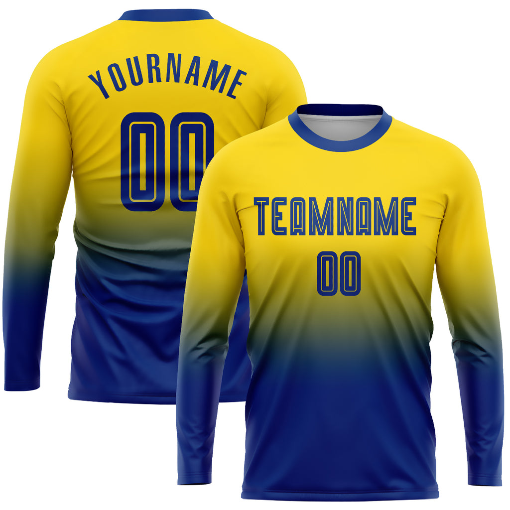 Custom Gold Royal Sublimation Long Sleeve Fade Fashion Soccer Uniform Jersey