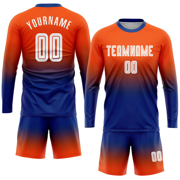 Custom Orange White-Royal Sublimation Long Sleeve Fade Fashion Soccer Uniform Jersey