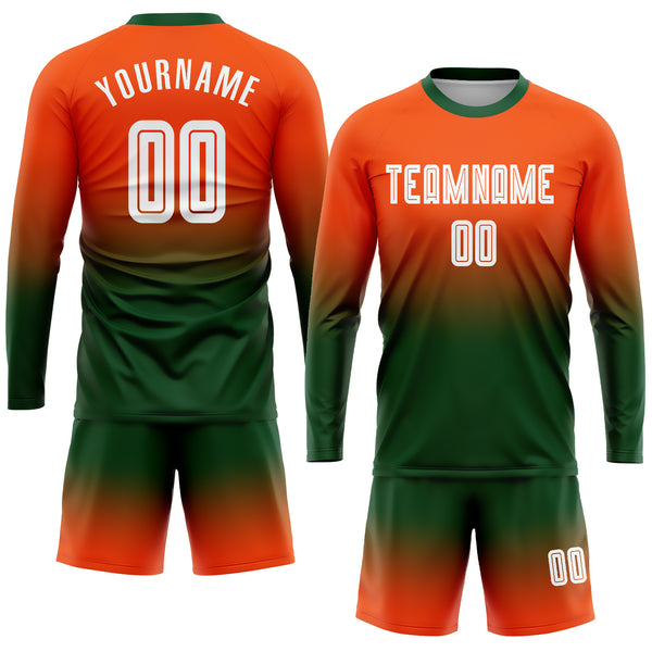 Custom Orange White-Green Sublimation Long Sleeve Fade Fashion Soccer Uniform Jersey