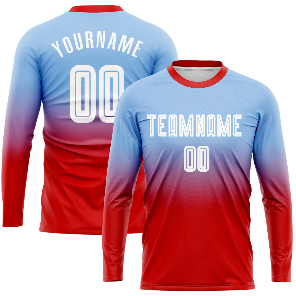 Custom Light Blue White-Red Sublimation Long Sleeve Fade Fashion Soccer Uniform Jersey