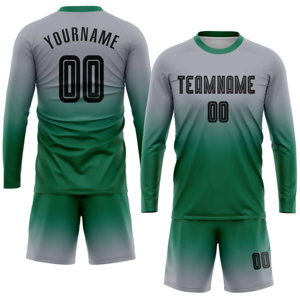 Custom Gray Black-Kelly Green Sublimation Long Sleeve Fade Fashion Soccer Uniform Jersey